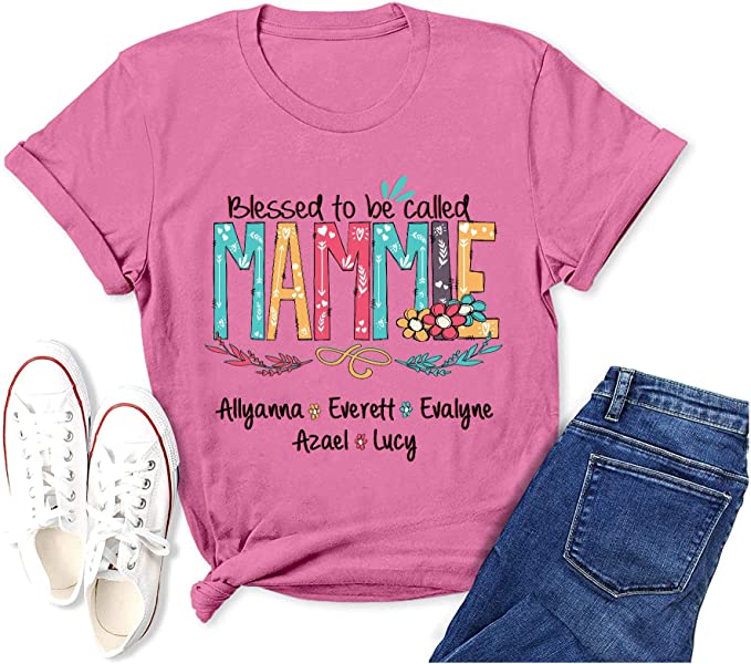 Personalized T Shirt – Blessed to be Called Mammie with Grandkids Name Flower Art Shirt, Cute Grandma Shirt for Women, Custom Mothers Day Shirt, for Grandma, Nana, Mimi, Mom
