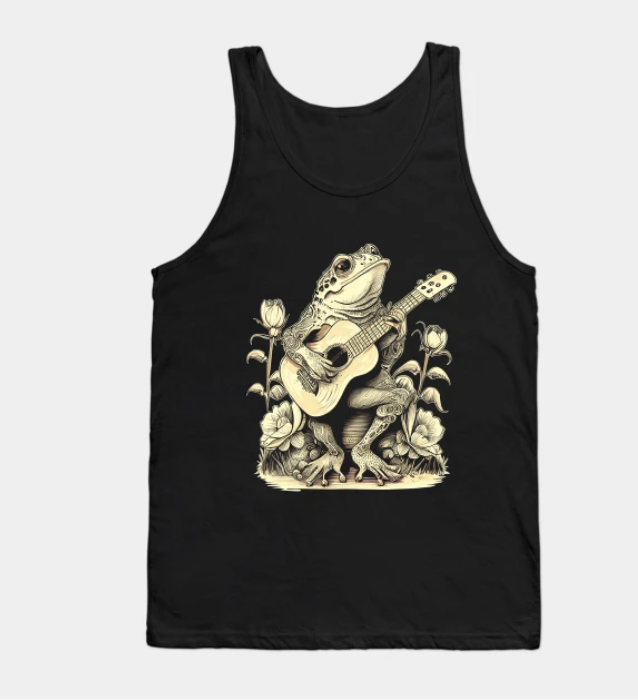 Cottagecore Frog Playing His Acoustic Guitar T-Shirt Sweatshirt Hoodie Tanktop for Men Women Kids Black