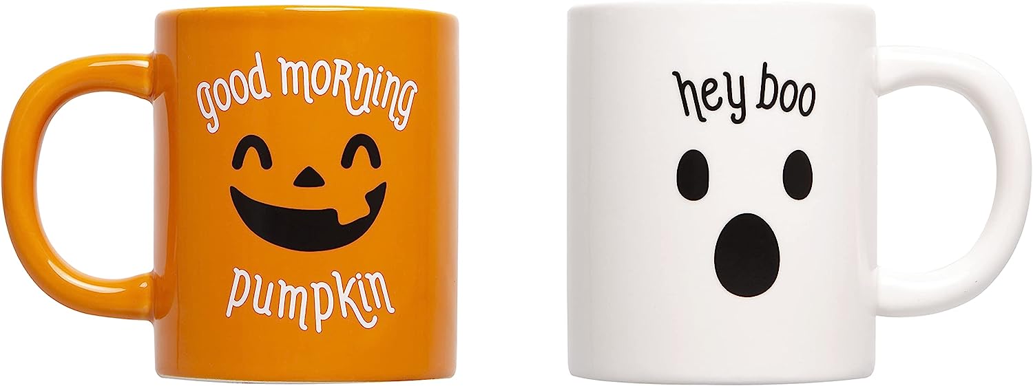 Pearhead Good Morning Pumpkin and Hey Boo Mug Set, Halloween Ceramic Coffee Mugs, Matching Mug Set, Fall Home Décor Accessories, 13oz