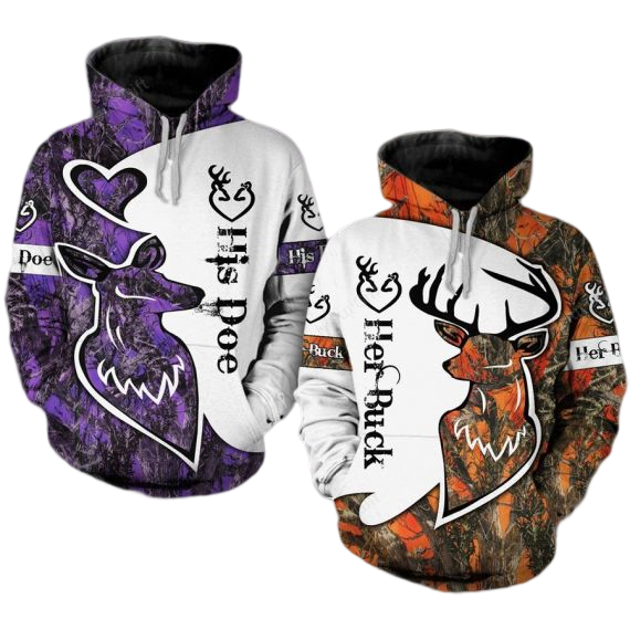 Her Buck His Doe Deer Hunter Grey Pink Hoodie Deer Hunting Hoodie, Hunting Season Sweatshirt, Street Style Hoodies New Year 3D Print Design Unisex Hoodies Boys Pullover Hoodie Long Sleeve Sweatshirt