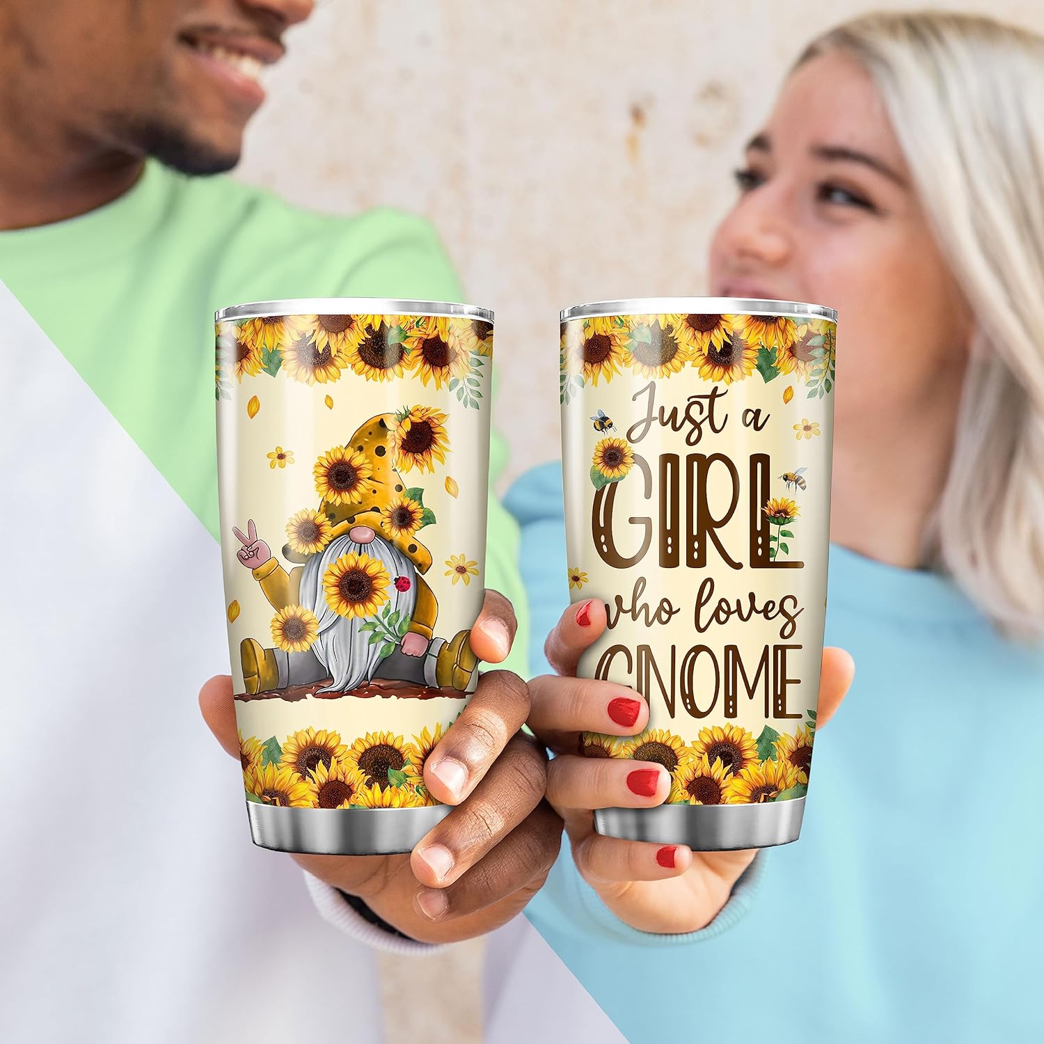 Padovo Gnome Tumbler Cute Gnomes Sunflower Insulated Tumblers 20oz with Lid Double Wall Vacuum Travel Coffee Mug Funny Christmas Birthday Gifts For Gnomies Lovers Women Girls Stainless Steel Cup