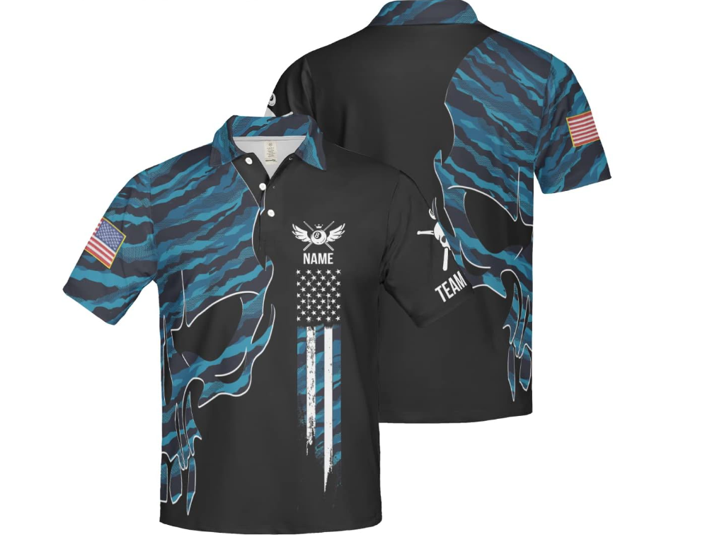 Skull Blue Camouflage Custom Billiard Shirts for Men, Short Sleeves Polo Shirt, Gift Shirts For Mens And Womens, Short Sleeve Men’s Shirt