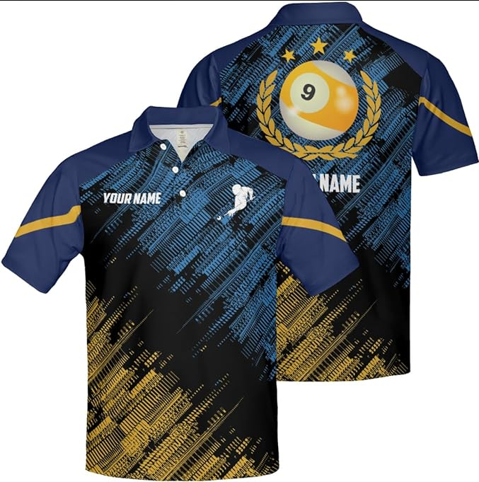 9 Ball Yellow Blue Sports Style Custom Billiard Shirts for Men, Short Sleeves Polo Shirt, Gift Shirts for Mens and Womens, Short Sleeve Men’s Shirt