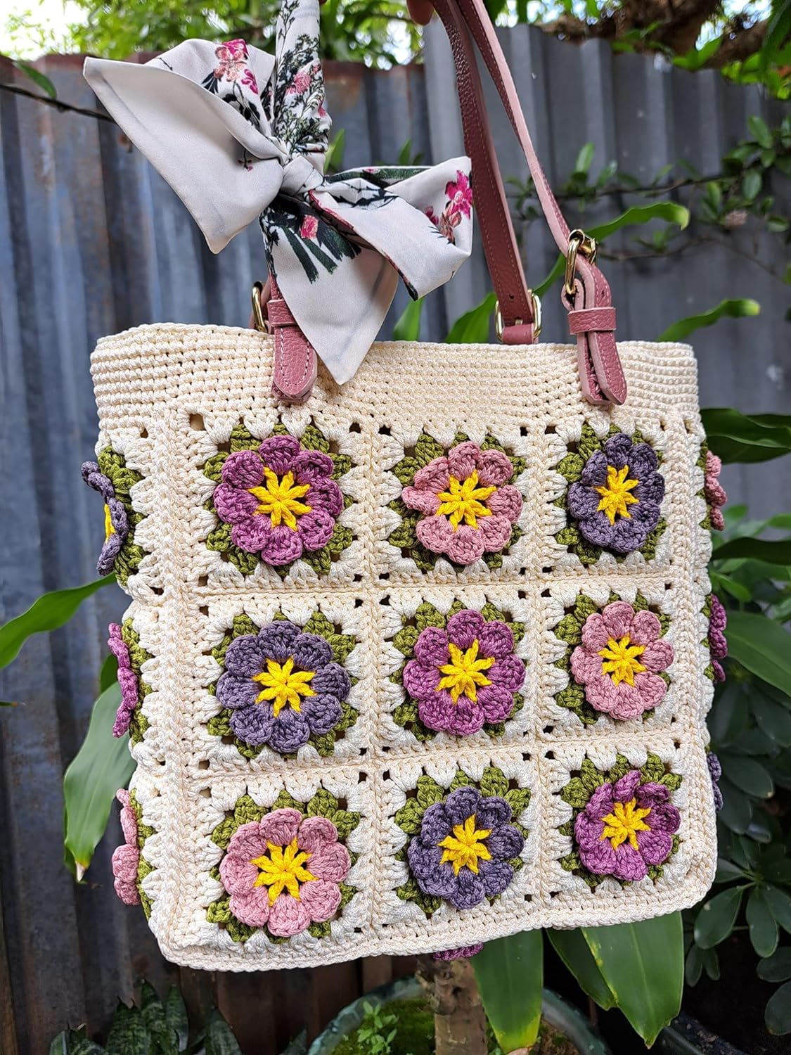 Tote With Handles, Wool Crochet Tote, Handmade Decor Flower Tote, Ideal Gift For Her