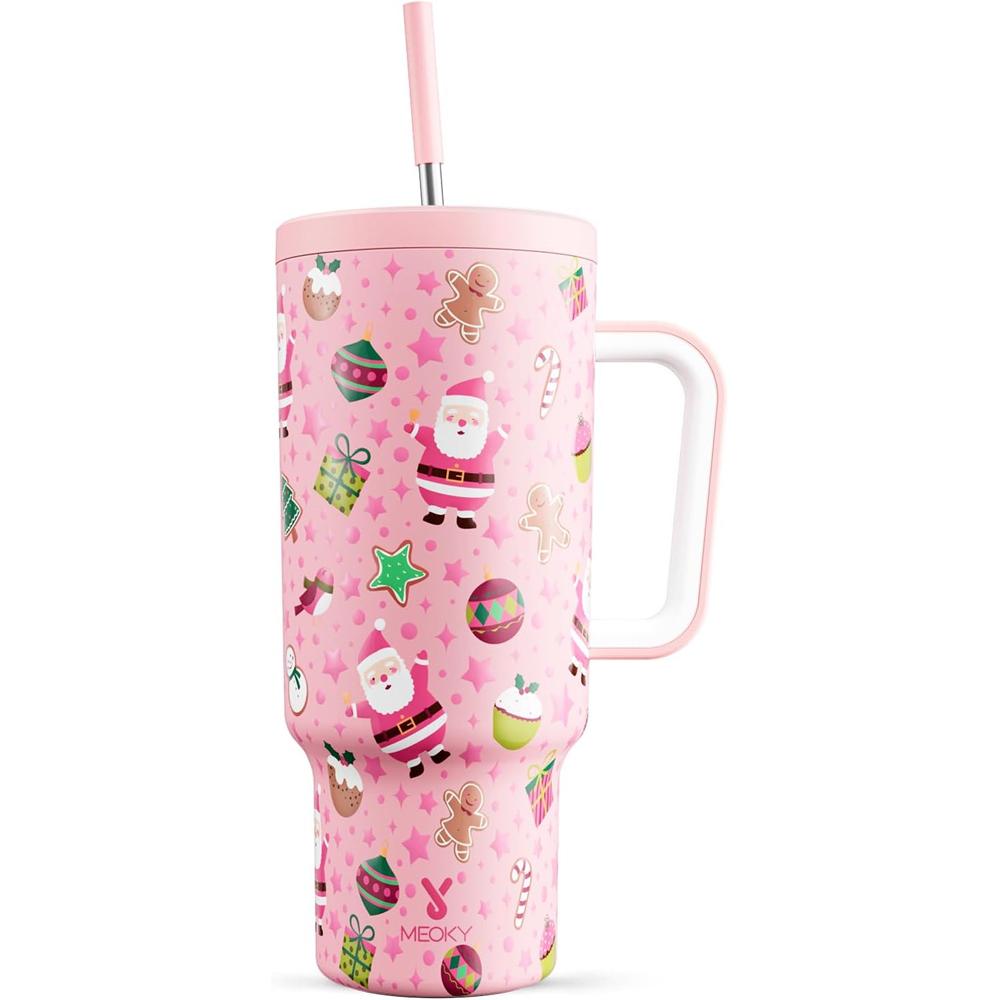 40 oz Christmas Tumbler with Handle and Straw, Xmas Tumbler with Lid and Straw, Insulated Stainless Steel Travel Mug, 100% Leak-proof, Keeps Cold for 34 Hours Santa’s Surprise